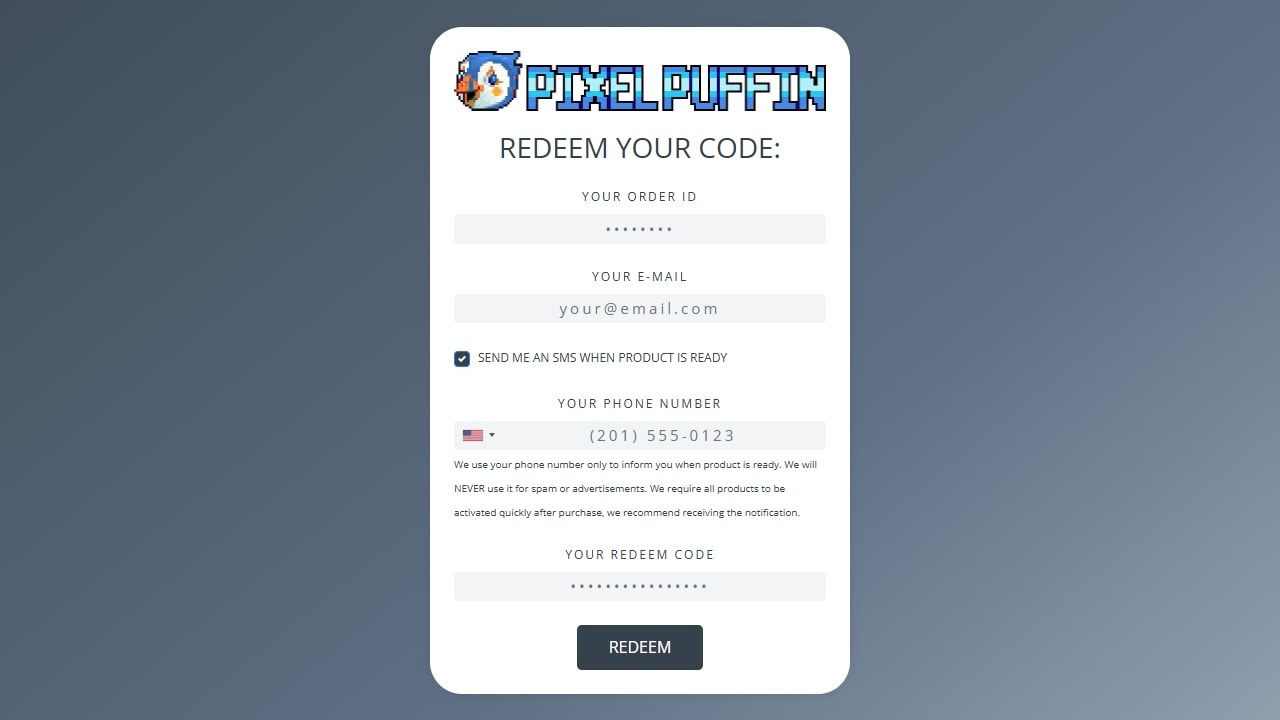 Formulário de resgate da Pixelpuffin com número de encomenda, email e código
