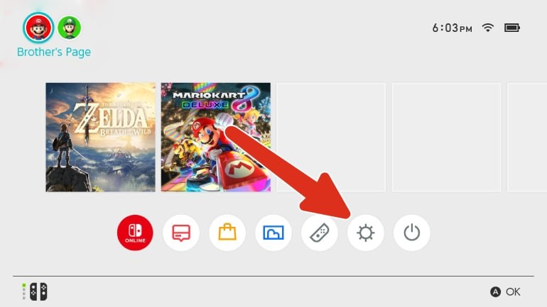 Menu principal da Nintendo Switch com o ícone das definições destacado
