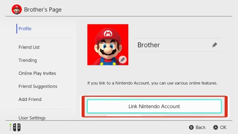 Ecrã de perfil da Switch com o botão de associar conta Nintendo destacado