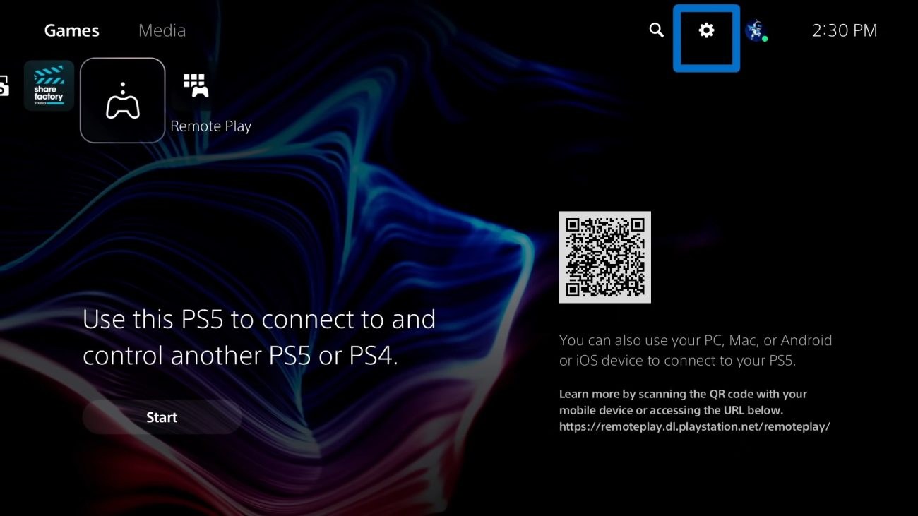 Menu principal da PS5 com o ícone das definições destacado