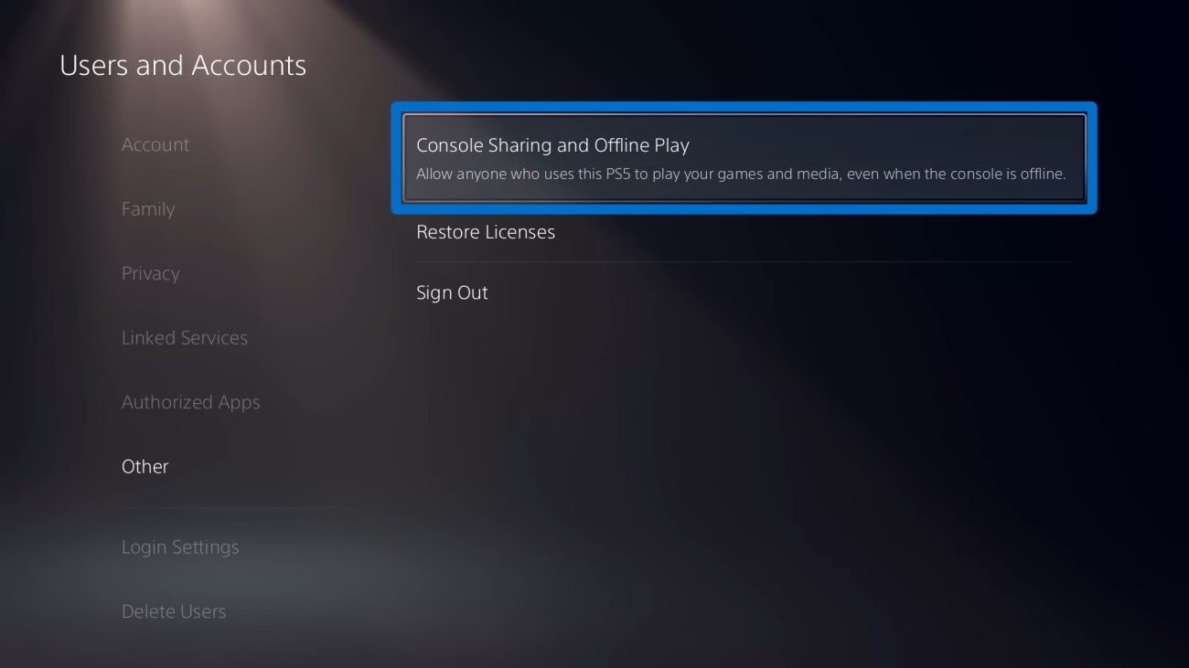 Opção Partilha de consolas e jogo offline destacada