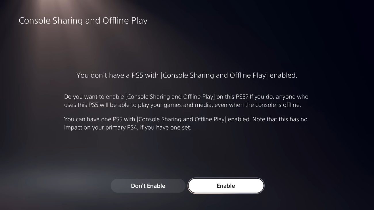 Botão Ativar da Partilha de consolas e jogo offline