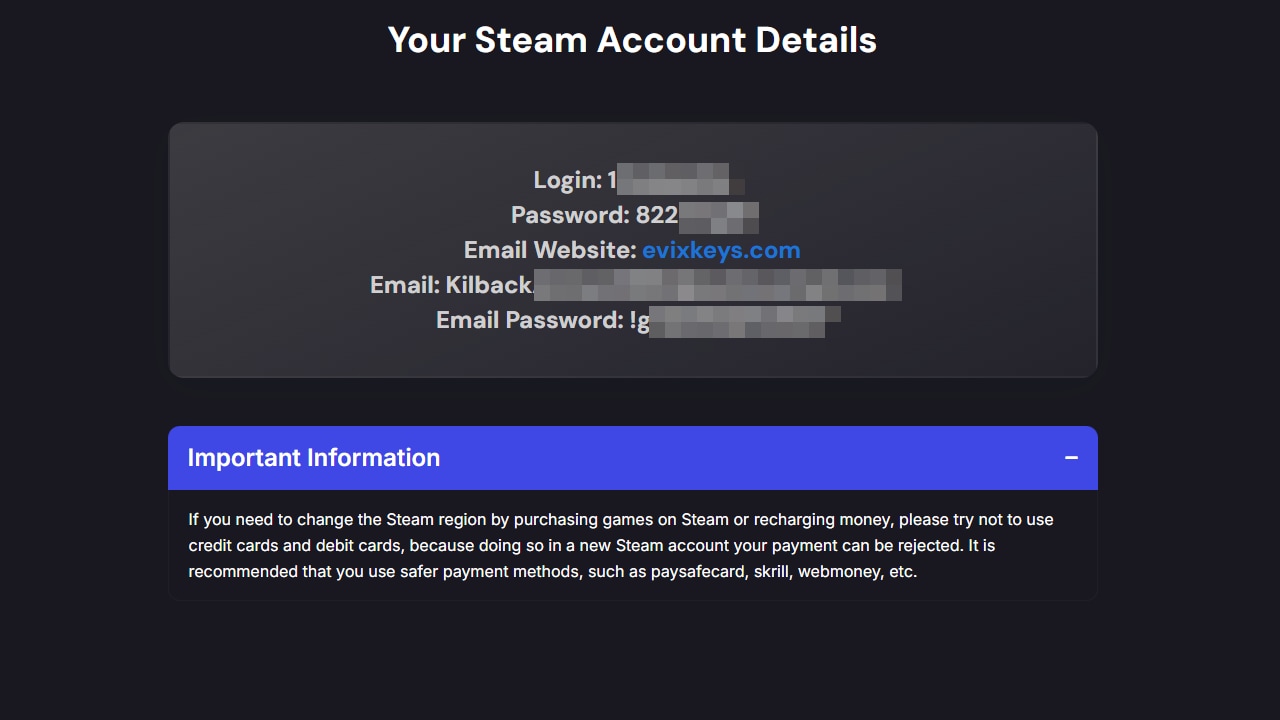 Página da Cdkeymart com os dados da nova conta