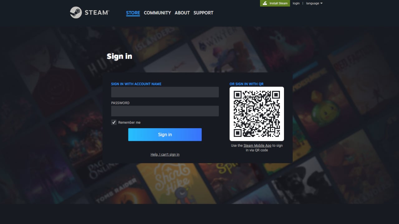 Página de início de sessão da Steam
