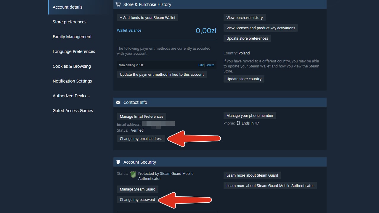 Definições da conta Steam com mudança de email e palavra-passe destacadas