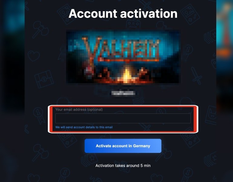 Página de ativação de conta Steam com campo de email opcional