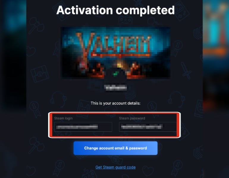 Ecrã de ativação concluída com login e palavra-passe da Steam